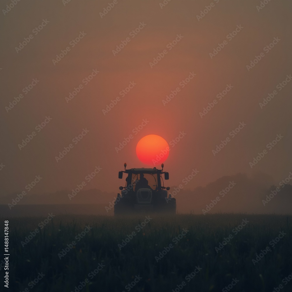 Fototapeta premium tractor middle field sun setting background sky beautiful orange color sun partially obscured thick layer fog tractor black appears motion its front end facing towards right side field vast green