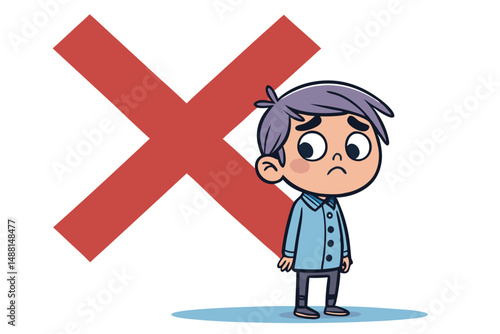 A tiny, sad cartoon character, overwhelmed and shrinking beneath a colossal, menacing red creature, possibly a crab or cyclops.  Illustrate feelings of insignificance and fear.
