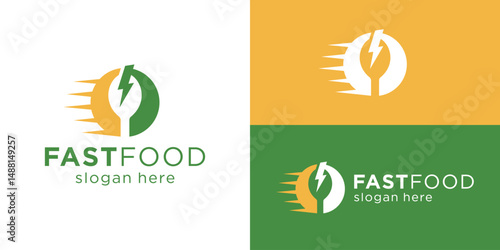 Creative simple fast food logo template. Spoon with lightning symbol for Online food order logo design vector illustration.