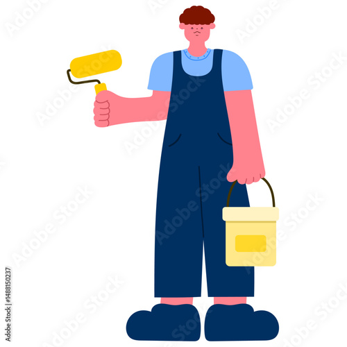 professional painter holding paint roller, home renovation, wall painting, and construction work concept