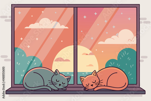 Two fluffy cats, peacefully sleeping, curled together on a sunny window sill, bathed in the warm glow of a rising sun.