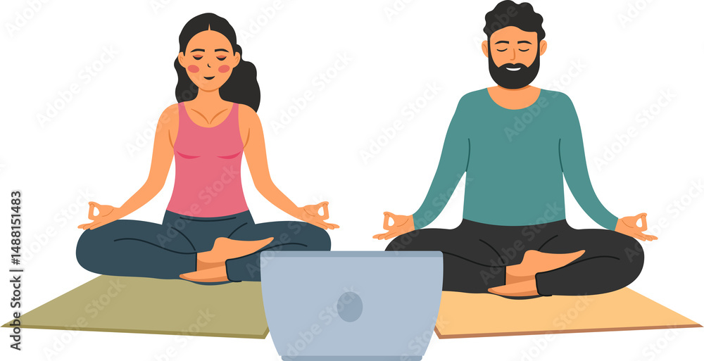 couple doing meditate at home watching live online yoga classes vector illustration couple doing meditate at home watching live online yoga classes vector illustration