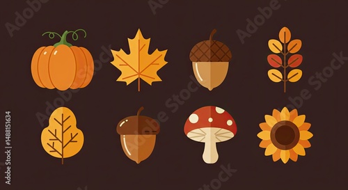 Autumn themed flat design illustration with pumpkin, leaves and other seasonal elements