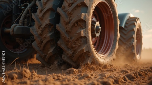 close tractor tire dirt field tire large has tread pattern clearly visible rim tire red appears metal tractor moving high speed evidenced dust dirt around background blurred seems sunny day clear
