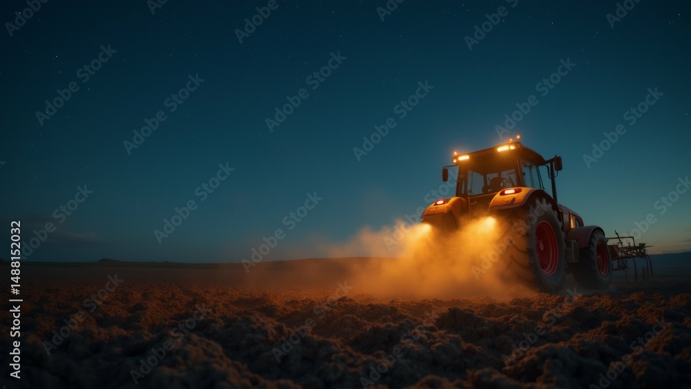 Fototapeta premium tractor plowing field night tractor orange color has large front wheel driving dirt field plow attached sky dark blue horizon visible distance plow emitting cloud orange smoke moves across field