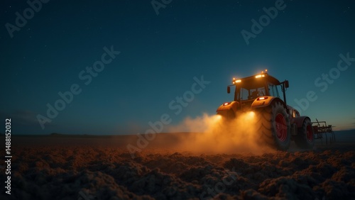 tractor plowing field night tractor orange color has large front wheel driving dirt field plow attached sky dark blue horizon visible distance plow emitting cloud orange smoke moves across field