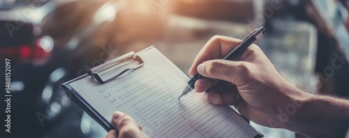 Man filling out a checklist on a clipboard with a pen in hand near a car in a garage or service center
