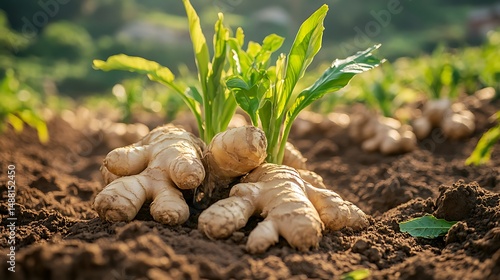 Fresh ginger root with bright green leaves grows directly from the fertile soil