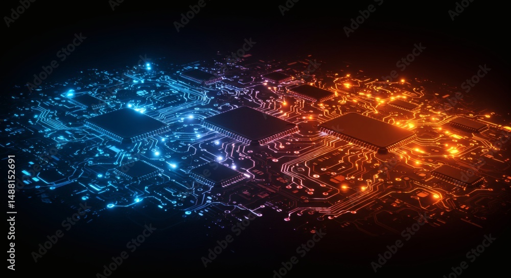 Fototapeta premium Glowing Circuit Board Abstract Background with Data Processing and Connectivity