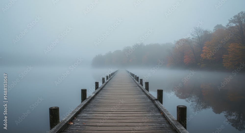 Fototapeta premium Foggy morning pier over lake