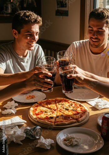 young people friends couple eating pizza in restaurant