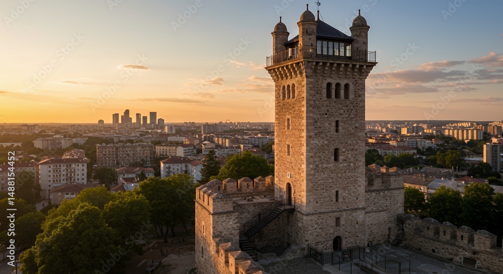 Majestic Sunset View of the Montju?c Castle Tower in Barcelona, Spain Majestic Sunset View of the Montju?c Castle Tower in Barcelona, Spain