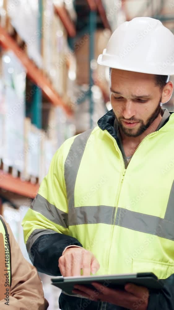 Man, contractor and meeting with tablet for logistics, supply chain or distribution at warehouse. Male person, employee or talking with team or technology for inventory, stock or storage control Man, contractor and meeting with tablet for logistics, supply chain or distribution at warehouse. Male person, employee or talking with team or technology for inventory, stock or storage control