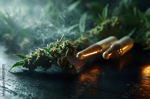 Close up of medical marijuana. Cinematic view, smoke. Medical marijuana use and legalization of the cannabis concept. 420 Day, 4:20, Ganja, Hemp, Weed. photo