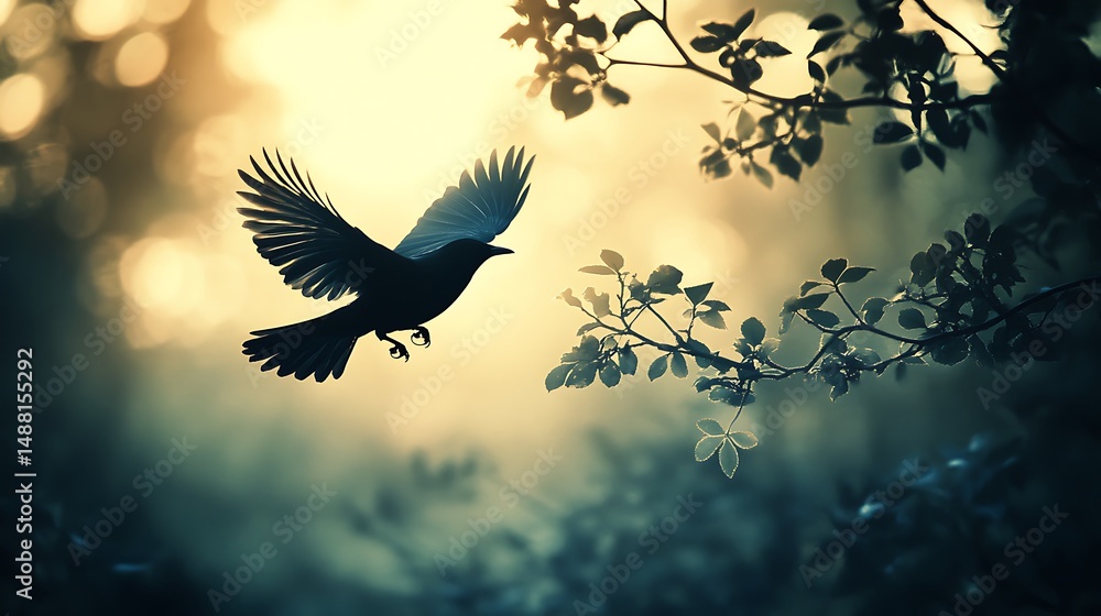 Fototapeta premium Enigmatic silhouette of a bird in flight against a radiant yet mysterious backdrop