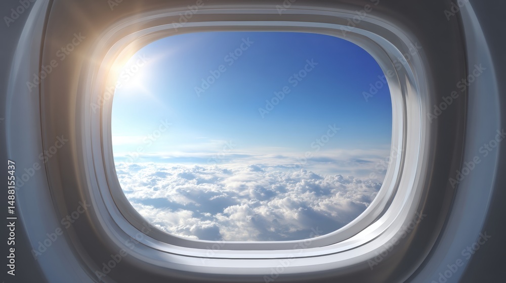 Serene View from Airplane Window Overlooking Clouds and Bright Blue Sky Serene View from Airplane Window Overlooking Clouds and Bright Blue Sky