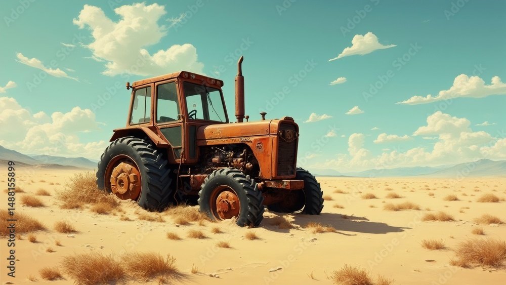 Fototapeta premium old rusty tractor middle vast desert tractor orange color has large black tires parked center front wheel facing towards right side frame background vast expanse sand dunes mountains distance sky
