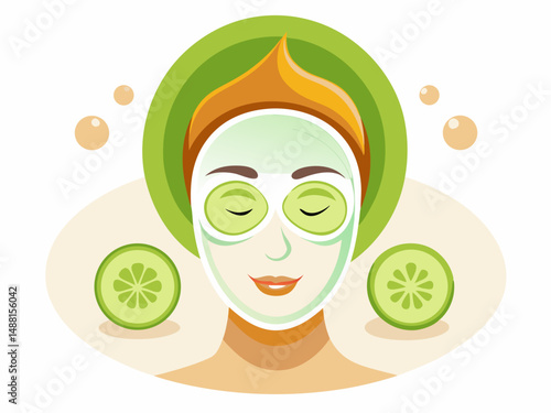 A flat vector of cucumber slices on a face with a clay mask. White background, spa facial treatment concept