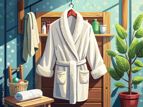 A fluffy white bathrobe hanging on a wooden hook. White background, cozy home spa atmosphere