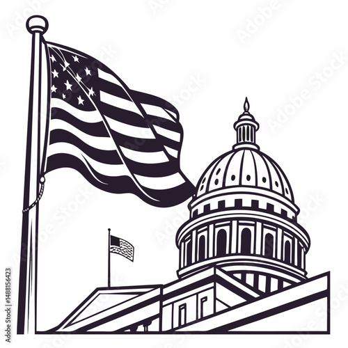 American flag waving near capitol building