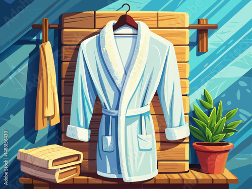 A fluffy white bathrobe hanging on a wooden hook. White background, cozy home spa atmosphere