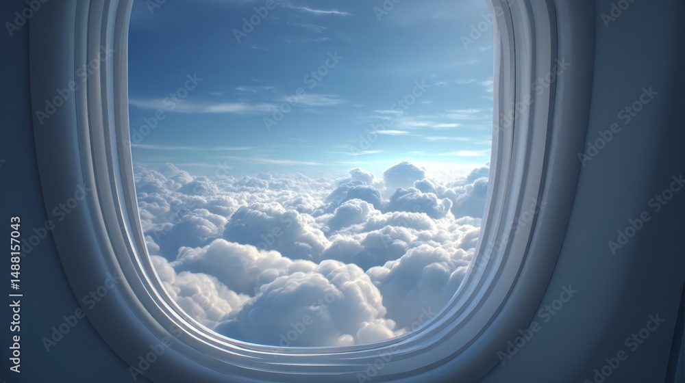 Scenic View of Fluffy White Clouds from Airplane Window Against Blue Sky Scenic View of Fluffy White Clouds from Airplane Window Against Blue Sky