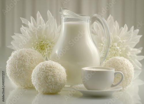 café da manhã brasileiro composto por bule com leite, xícara com Capuccino e pão de queijo isolado em fundo transparente