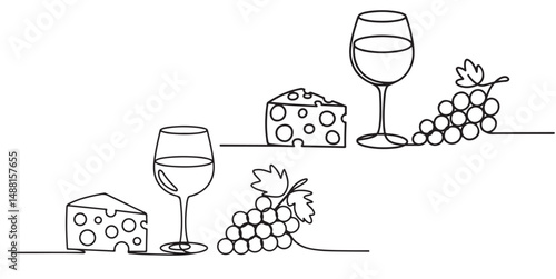 Wine Glass Cheese Grapes Continuous Line Art Illustration, Wine Bottle and Glasses with Grapes and Cheese One Line Art,