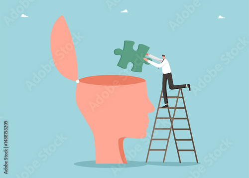 Logic and intelligence in achieving goals, mentor's help in solving complex tasks, teamwork in overcoming difficulties and reaching peaks, a man puts a puzzle into a large human head.