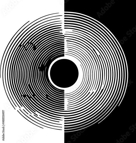 A bold abstract artwork featuring a perfectly symmetrical circular pattern composed of concentric lines. The design is split vertically with a stark black-and-white color scheme, enhancing the optical