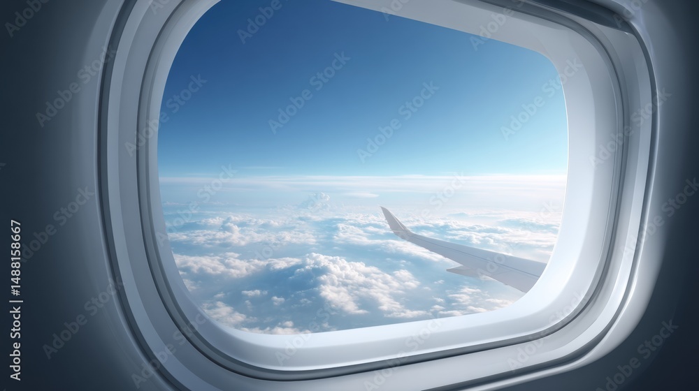 Stunning View from Airplane Window Over Cloudy Skies with Vibrant Blue Horizon Stunning View from Airplane Window Over Cloudy Skies with Vibrant Blue Horizon