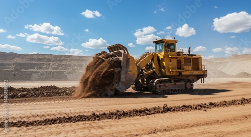Massive Mining Machine in Action: Excavator Moving Earth at Open-Pit Mine