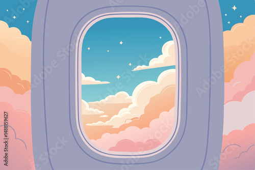 Stunning aerial view from airplane window; fluffy, dreamy cloudscape below; sunlight illuminating clouds; breathtaking panorama.