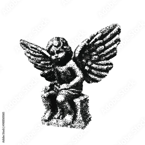 Urban Angel with retro photocopy stipple effect, for grunge punk y2k collage design. Vector illustration in vintage halftone brutalist design . white background