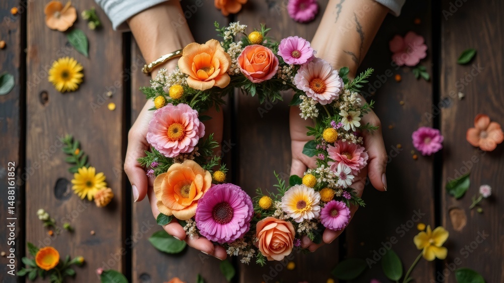 Fototapeta premium pair hands holding wreath flowers wreath various types flowers including roses daisies chrysanthemums shades pink orange yellow flowers arranged circular pattern around hands overlapping background