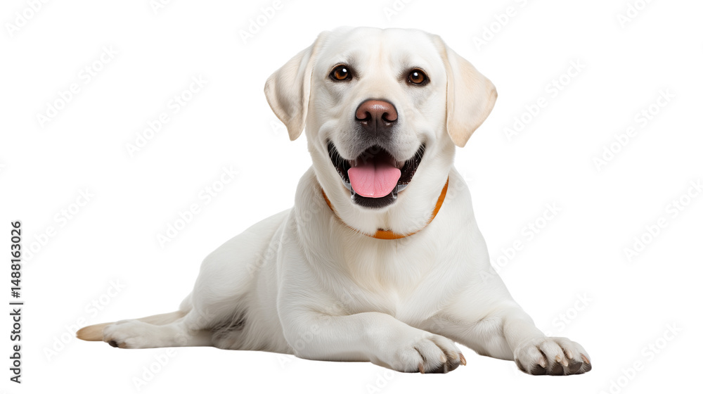 Happy white Labrador retriever lying isolated on white