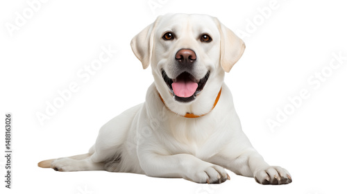 Happy white Labrador retriever lying isolated on white