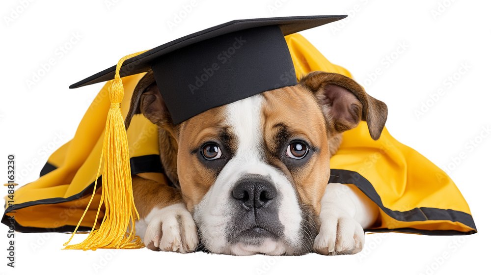 Adorable dog in graduation cap and gown isolated on white