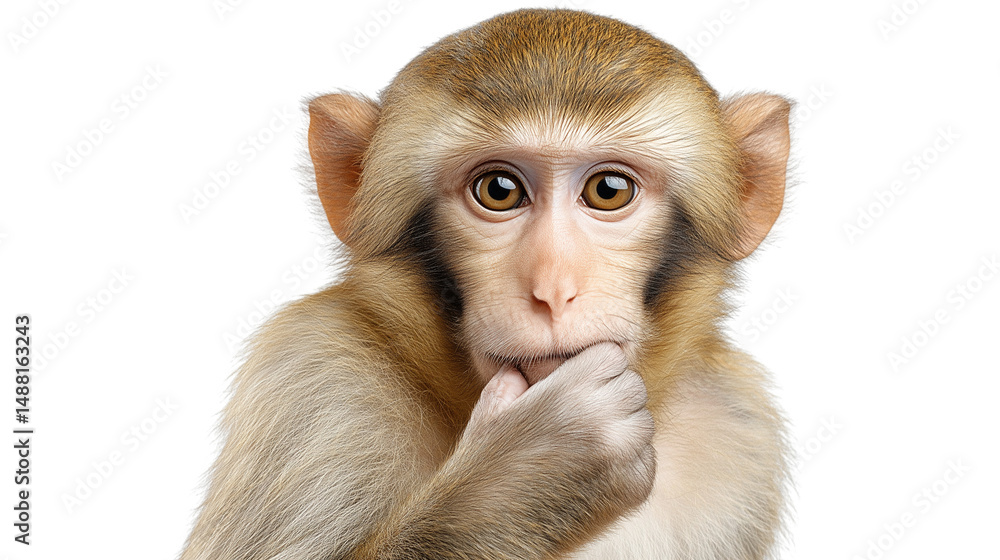Curious monkey with hand on mouth isolated on white