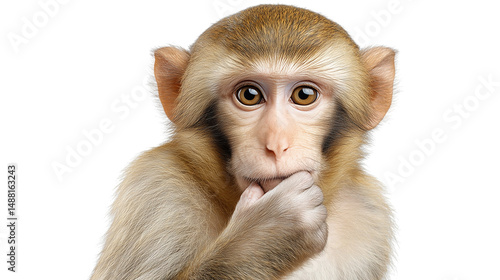 Curious monkey with hand on mouth isolated on white