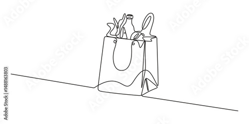 Continuous single line drawing of fresh food on paper grocery bag. Grocery paper bag in one continuous line drawing vector illustration