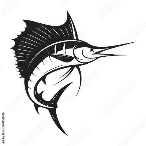 Striking black illustration of a stylized sailfish aquatic creature, Vector black silhouette. with white background