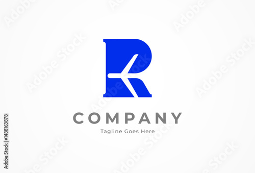 Letter R Plane Logo, letter R with plane in negative space inside, travel design template element, vector illustration