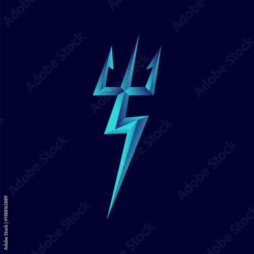 Trident Design, blue trident with thunder bolt combination, trident logo design template element, vector illustration