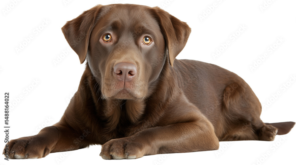 Chocolate Labrador retriever lying on white background