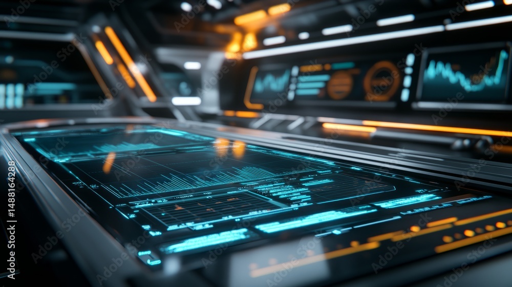 Naklejka premium Holographic Charts and Glowing Financial Data on Transparent Investment Panel 2
