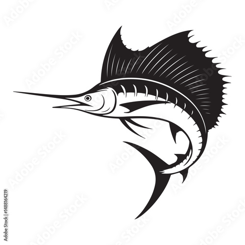 Striking black illustration of a stylized sailfish aquatic creature, Vector black silhouette. with white background