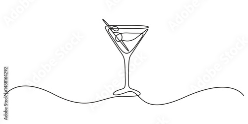 A simple, continuous line drawing of a cocktail glass with an olive inside. It's a minimalist design, perfect for representing a drink like a martini. continuous one line art concept vector illustrati