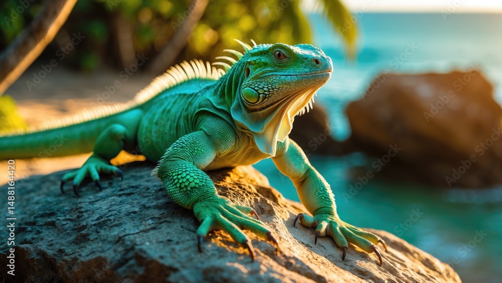 Fototapeta premium Portrait of an Iguana lounging on a rock at eco beach park