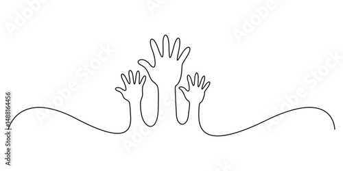 Human hands raised up continuous one line drawing. Single line art human hands. Doodle vector illustration